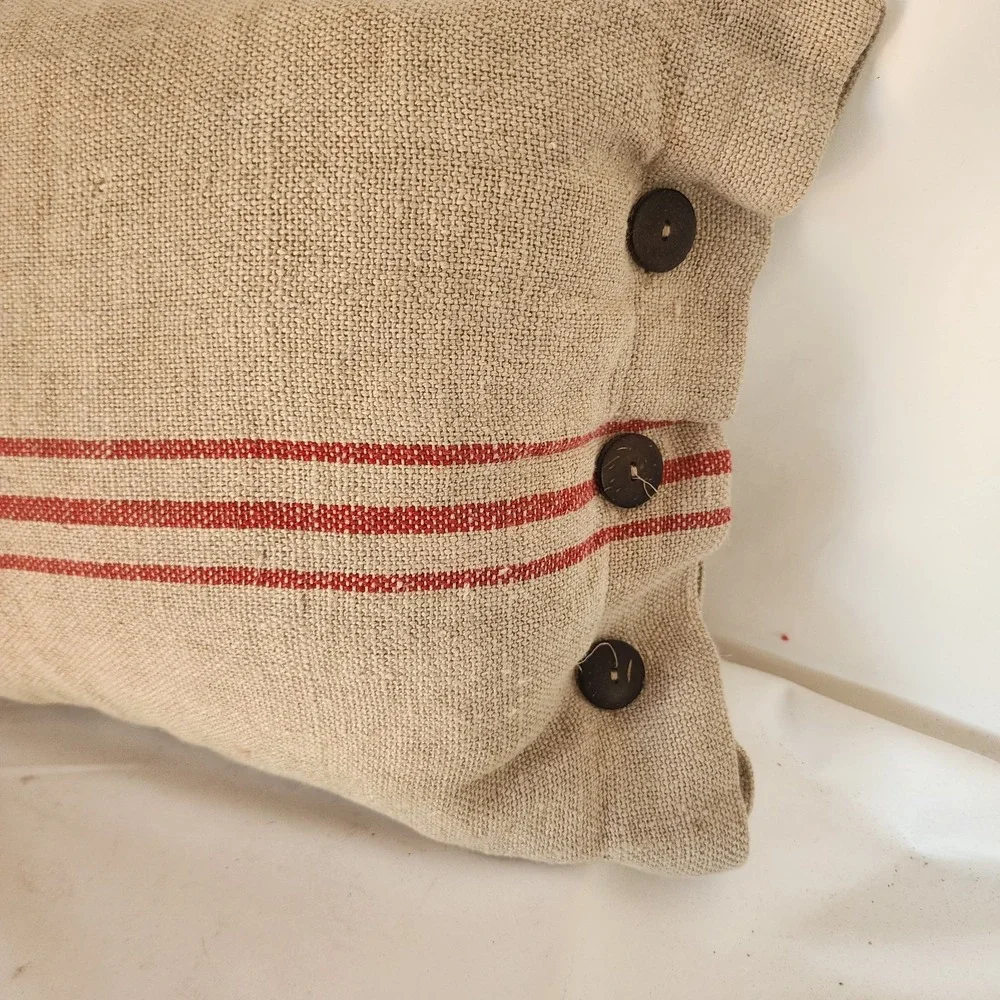 POTTERY BARN RED STRIPE LINEN HEMP FRENCH GRAIN SACK BUTTON PILLOW  16x26